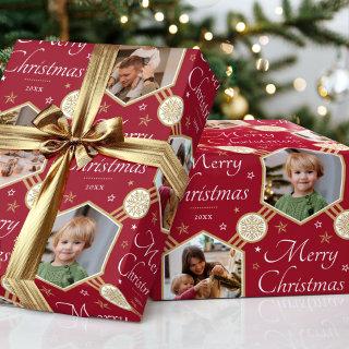 Merry Christmas Snowflake Photo Deep Red Gold
