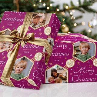 Merry Christmas Snowflake Photo Plum Gold Editable