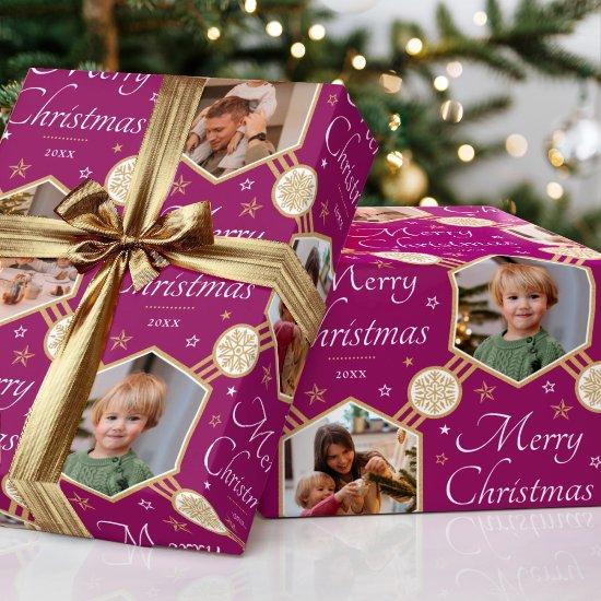 Merry Christmas Snowflake Photo Plum Gold Editable