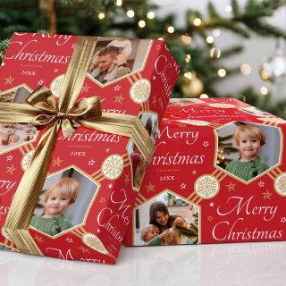 Merry Christmas Snowflake Photo Red Gold Editable