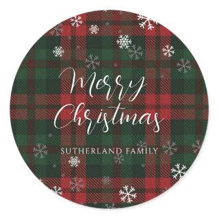Merry Christmas Snowflakes Plaid Script Custom Classic Round Sticker