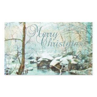 Merry Christmas Snowy Creek in Winter Rectangular Sticker