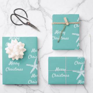 Merry Christmas Starfish Patterns Teal White Beach  Sheets