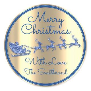 Merry Christmas To From Blue Navy Glitter Gold Classic Round Sticker