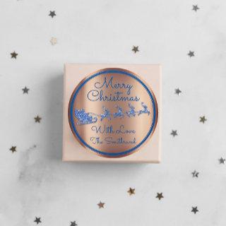 Merry Christmas To From Blue Navy Glitter Rose Classic Round Sticker