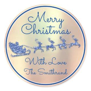 Merry Christmas To From Blue Santa Reindeer Rose Classic Round Sticker