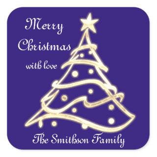 Merry Christmas Tree Happy New Year Blue NavyGold  Square Sticker