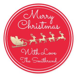 Merry Christmas Tree Name Gold RedSantaSleigh Deer Classic Round Sticker