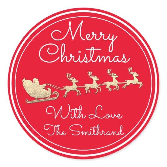 Merry Christmas Tree Name Gold RedSantaSleigh Deer Classic Round Sticker
