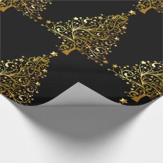 Merry Christmas Tree Stars Black Gold Shiny Chic
