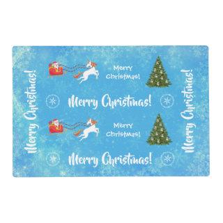 Merry Christmas Trees Santa Glitter Unicorn Blue  Placemat