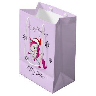 Merry Christmas unicorn & snowflakes personalized Medium Gift Bag