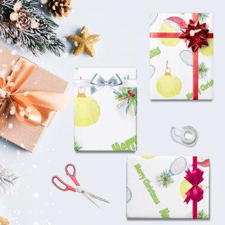 Merry Christmas Watercolor Tennis Racket And Balls