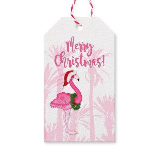 Merry Christmas Whimsical Pink Flamingo Palm Trees Gift Tags