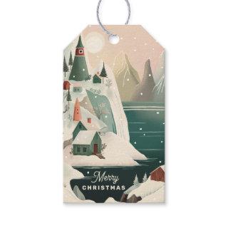 Merry Christmas. Winter mountain village landscape Gift Tags