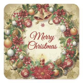 Merry Christmas Wreath Square Stickers