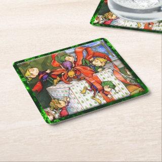 Merry Elves Wrapping Gift Pulp Board Sq Coasters