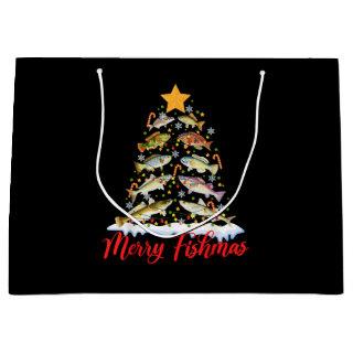 Merry Fishmas Funny Christmas Tree Lights Fish Fis Large Gift Bag