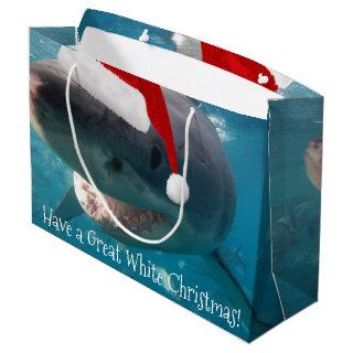 Merry Great White Christmas Shark Santa Hat Funny Large Gift Bag