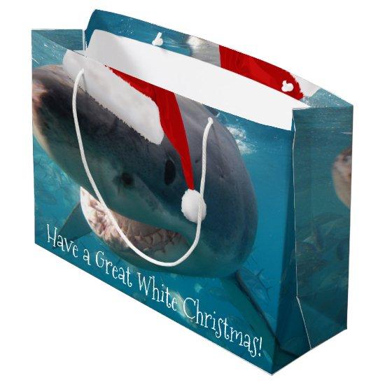 Merry Great White Christmas Shark Santa Hat Funny Large Gift Bag