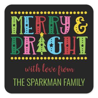 Merry N Bright Colorful Cute Personalized Holiday Square Sticker
