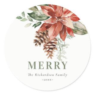 Merry Poinsettia Bunch Watercolor Pine Christmas Classic Round Sticker