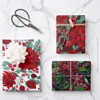 Merry Red Poinsettia Flowers Ivy Leaves Watercolor  Sheets