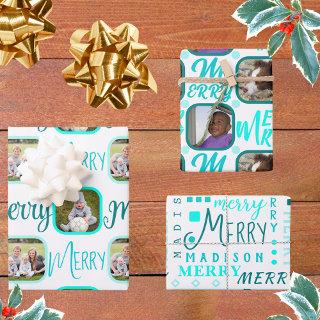 MERRY Script Turquoise On White 4 Photo Christmas  Sheets