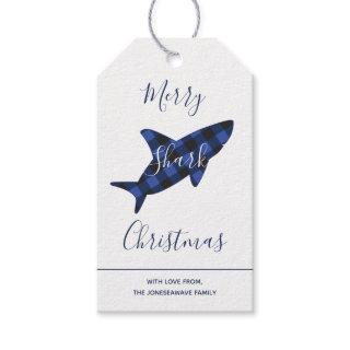 Merry Shark Christmas Blue Plaid Script Gift Tags