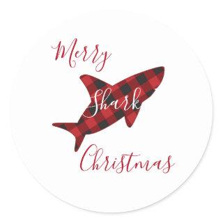 Merry Shark Christmas Red Plaid Script Classic Round Sticker