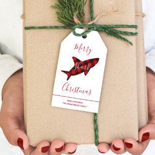 Merry Shark Christmas Red Plaid Script Gift Tags