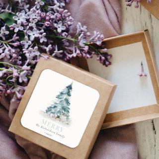 Merry Snow Watercolor Pine Christmas Tree Gifts Square Sticker