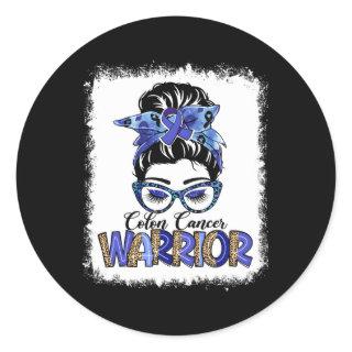 Messy Bun Leopard Blue Ribbon Colon Cancer Warrior Classic Round Sticker