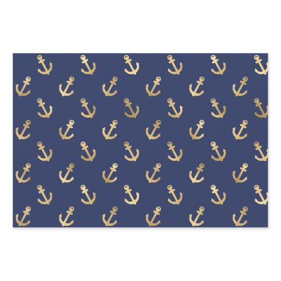 Metallic Gold Anchors on Navy Blue  Sheets