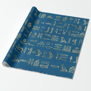 Metallic Gold Egyptian Hieroglyphs on Blue