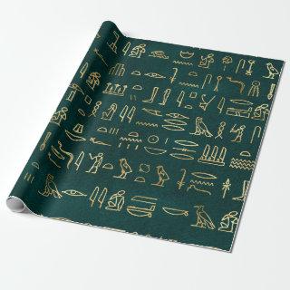 Metallic Gold Egyptian Hieroglyphs on Forest Green