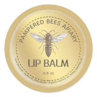 Metallic Gold Queen Bee Embossed Text Lip Balm  Classic Round Sticker