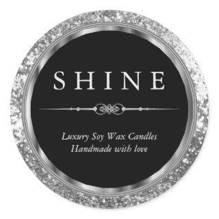 Metallic Silver, Black and Silver Glitter  Classic Round Sticker