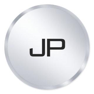 Metallic Silver Look Mono gram Elegant Template Classic Round Sticker