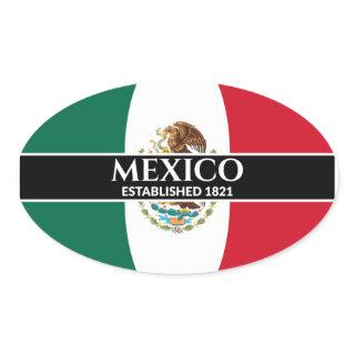Mexico Established 1821 Mexican Flag White Text Oval Sticker