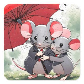 Mice Under a Red Umbrella Square Sticker