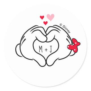 Mickey and Minnie Making Heart Sign with Hands Classic Round Sticker