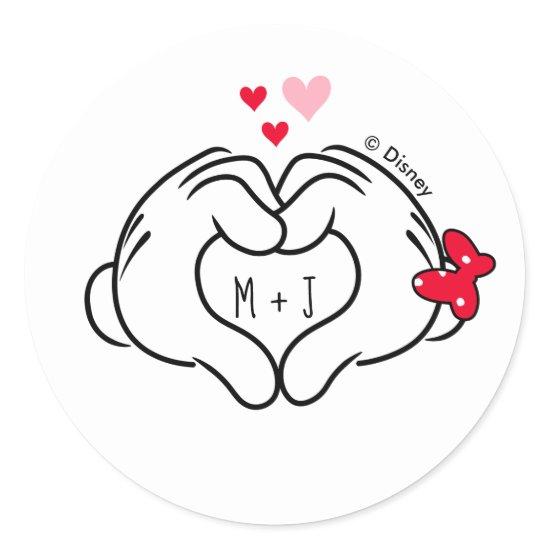 Mickey and Minnie Making Heart Sign with Hands Classic Round Sticker