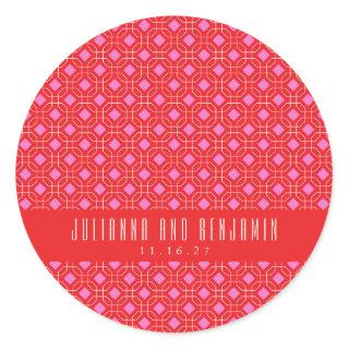 Mid Century Mod Red Pink Geometric Custom Wedding Classic Round Sticker