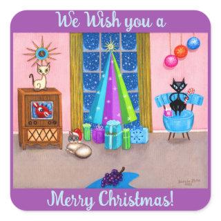 Mid-Century Modern Christmas Atomic Age Cats TV Square Sticker