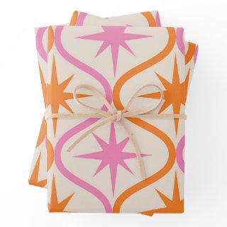 Mid Century Orange Pink Starbursts on Ogee Pattern  Sheets