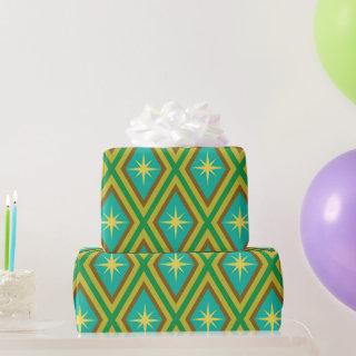 Mid Century Yellow Stars on Retro diamonds Pattern