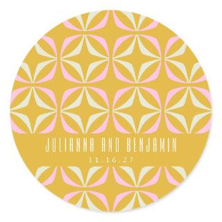 Mid Mod Geometric Yellow Pink Custom Wedding  Classic Round Sticker