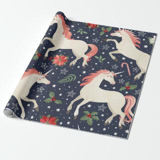 Middle Ages print Unicorns on a Christmas floral b