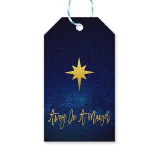 Midnight Blue Gold Star Away In A Manger Christmas Gift Tags